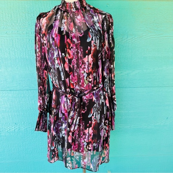 BEBE SHEER OVERLAY BLACK SLIP DRESS FLORAL PRINT BALLOON SLEEVES SIZE SMALL NWT - Picture 3 of 12